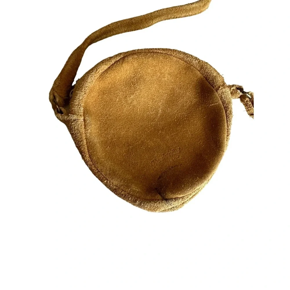 Vintage Brown Suede Mini Child Crossbody Bag With Floral Embroidery & Fringe Det